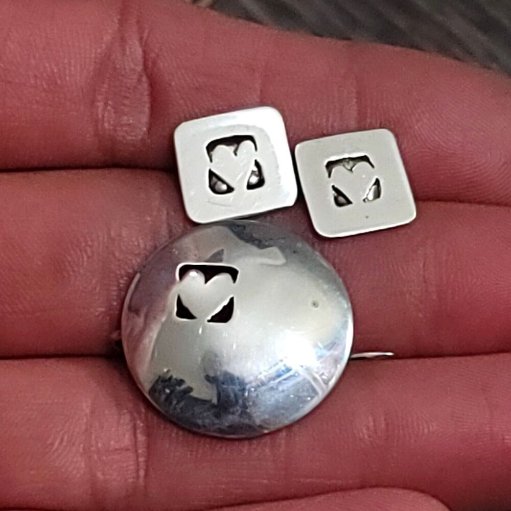 Navajo Sterling Silver Native American Heart Earrings and Brooch Set